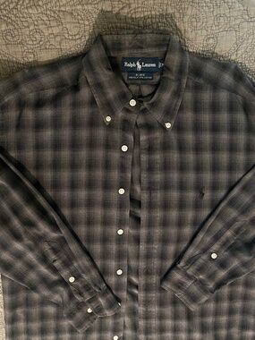 Ralph Lauren Vintage Silk Cotton Blend Button Down Plaid Shirt M Gray Blend